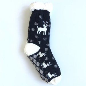 White Reindeer on Black Sherpa Lined Slipper Socks